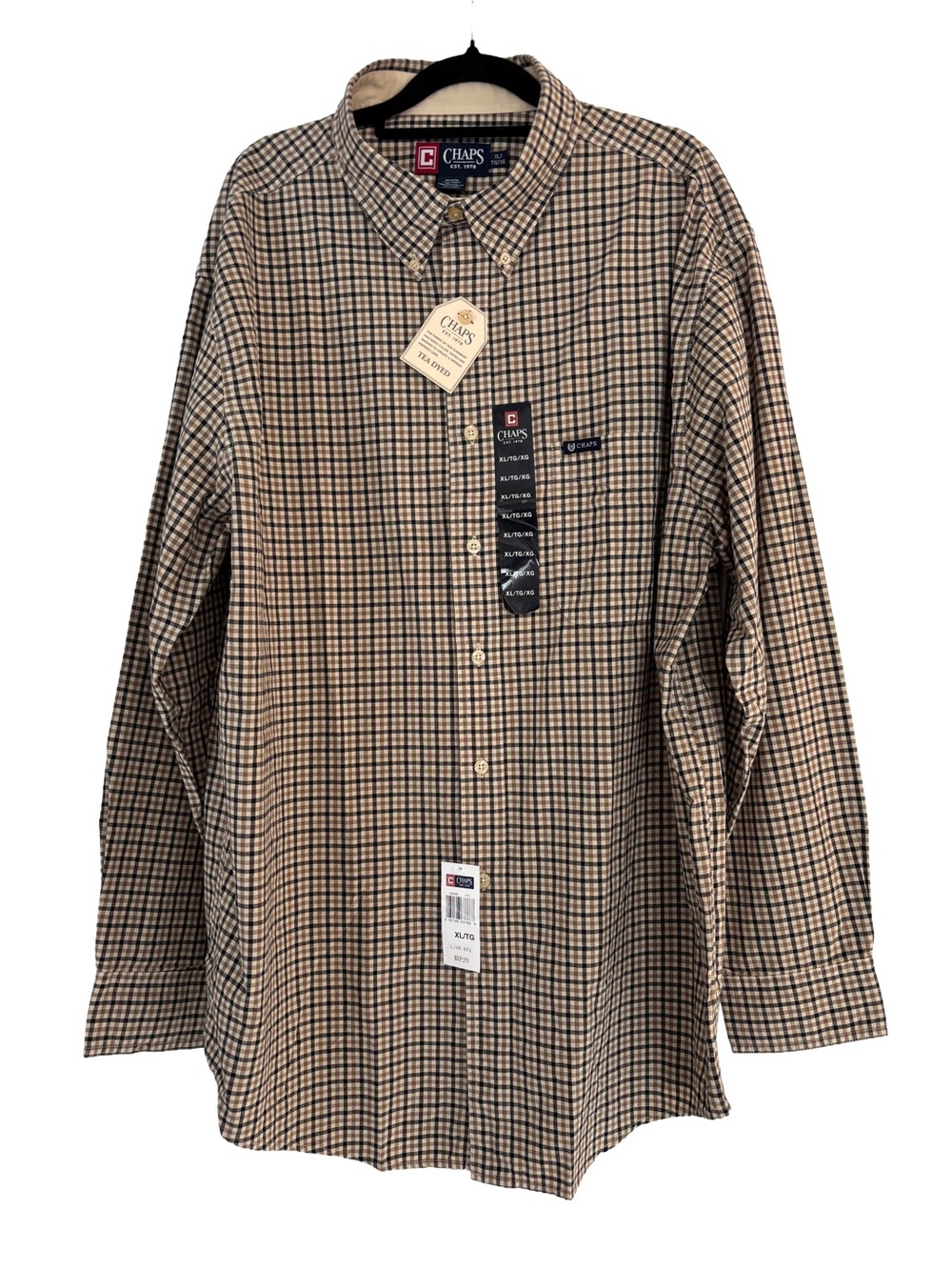 NWT Chaps Men's Plaid Button Down Shirt Tea Dyed Tan Gingham XL